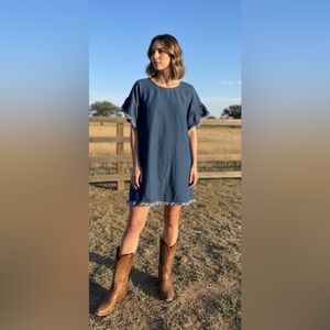 Style U Denim Frayed Hem Country Cowgirl Festival Dress SZ L.